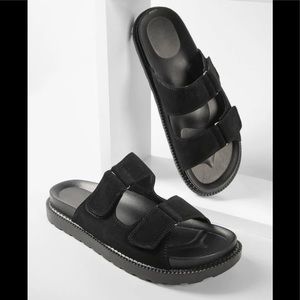 Faux Leather Double Buckle Slide Sandals